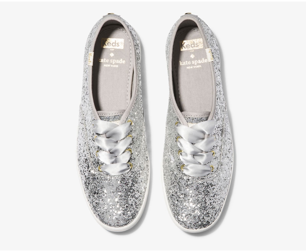 Womens Keds Sneakers - Kate Spade new york Champion Glitter - Silver - 8306-CYVTF